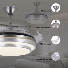 42" Retractable Ceiling Fan Lamp Dimmable LED Chandelier w/ Light Remote Control