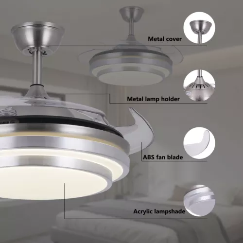 42" Retractable Ceiling Fan Lamp Dimmable LED Chandelier w/ Light Remote Control - Picture 4 of 6
