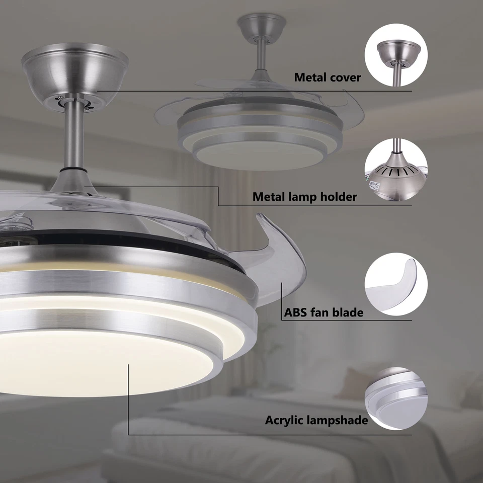 42" Retractable Ceiling Fan Lamp Dimmable LED Chandelier w/ Light Remote Control - Image 3 of 4
