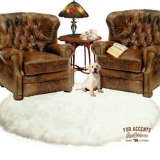 5' Round Shag Faux Fur Sheepskin Throw Rug Plush Area Rug White Fur Accents