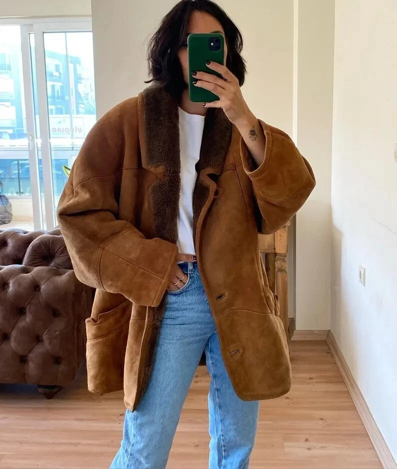 Abrigo de piel de oveja vintage chaqueta de cuero gamuza marrón forrado de piel de gran tamaño cálido Foto 2 de 4