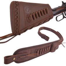One Combo of Leather Rifle Shotgun Buttstock Cover with Leather Gun Shell Sling