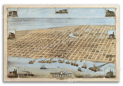 Bird's Eye View 1871 Galveston Texas Vintage Style City Map - 24x36