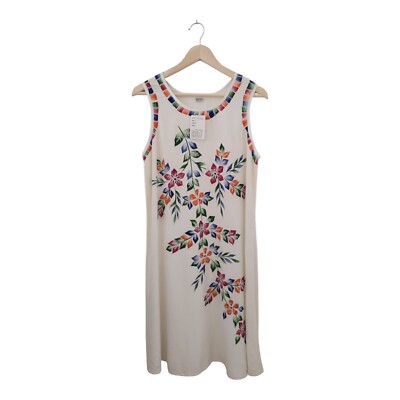 Vintage Weißes Midi-Kleid S-M mit Blumenstickerei & verstellbaren Bändern