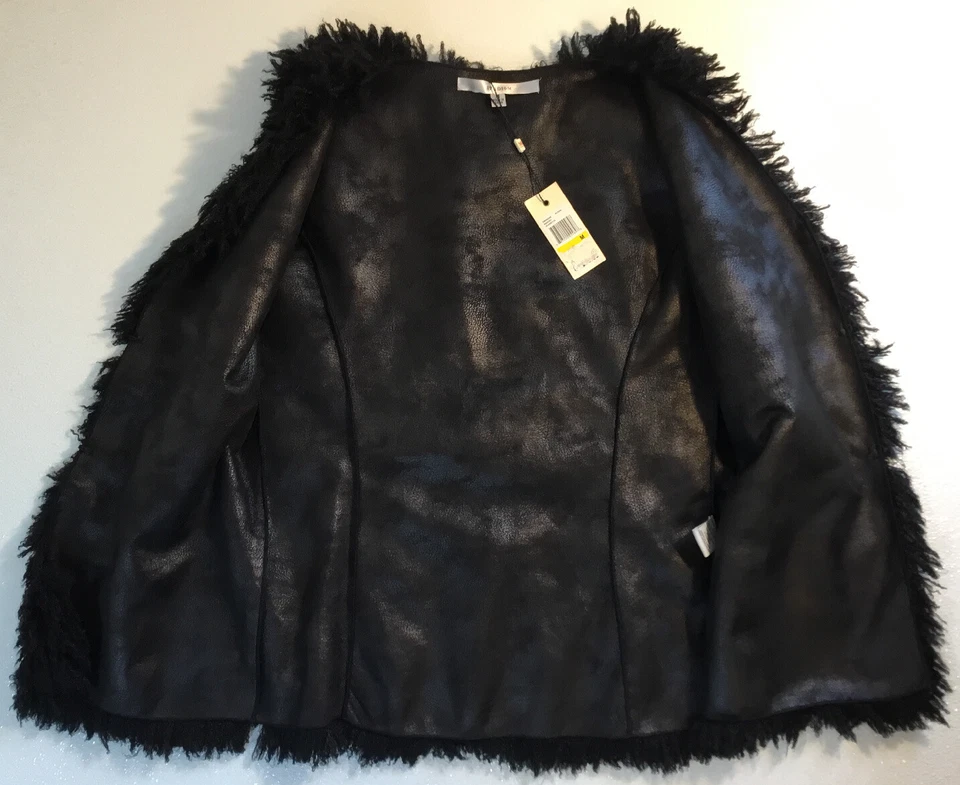 NUEVO STUDIO M Mujer Negro Pestañas Piel Chaleco Medio Tejido Vestido Flecos Chaqueta Abrigo Foto 3 de 4
