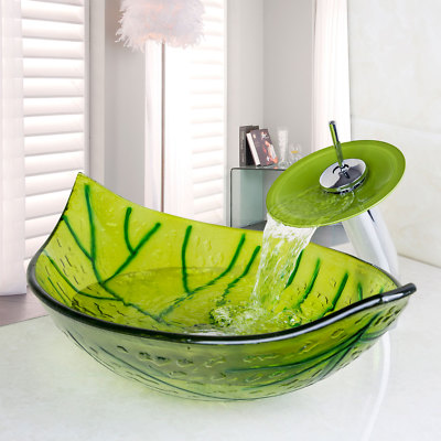 US Green Leaf Bathroom Vessel Sink Tempered Glass Bowl 1 Handle Faucet Mixer Tap