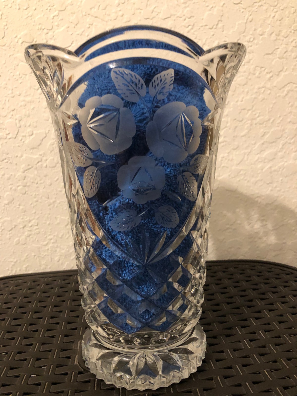 Crystal Cut Glass & Etched Flower Design Large Vase eBay