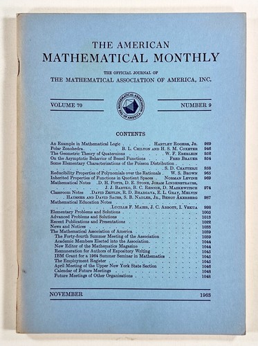 1963 Nov AMERICAN MATHEMATICAL MONTHLY Zonohedra MATHEMATICAL LOGIC Quaternions