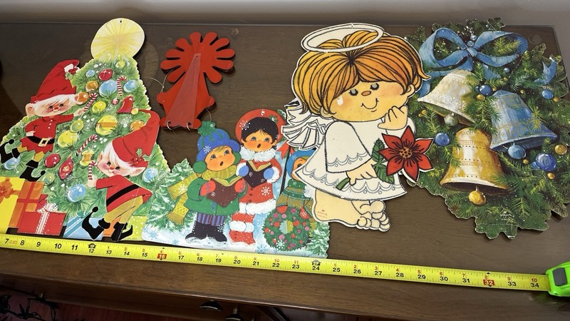 VTG 80s Christmas Paper Die Cut Wall Decor Lot, Santa, Angels, Trees, Wreaths L3