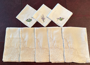8 Cloth Napkins Vintage - 5 Battenburg Lace - 3 Cocktail Purple Embroidery