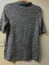 M S Pale Navy Mix Leopard Print Top Mock Neck stretch Short Sleeve Jumper UK 12