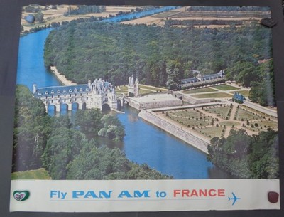 PAN AM AIRLINES FRANCE CHATEAU de CHENONCEAUX Vintage Travel poster 1965 35 x44''