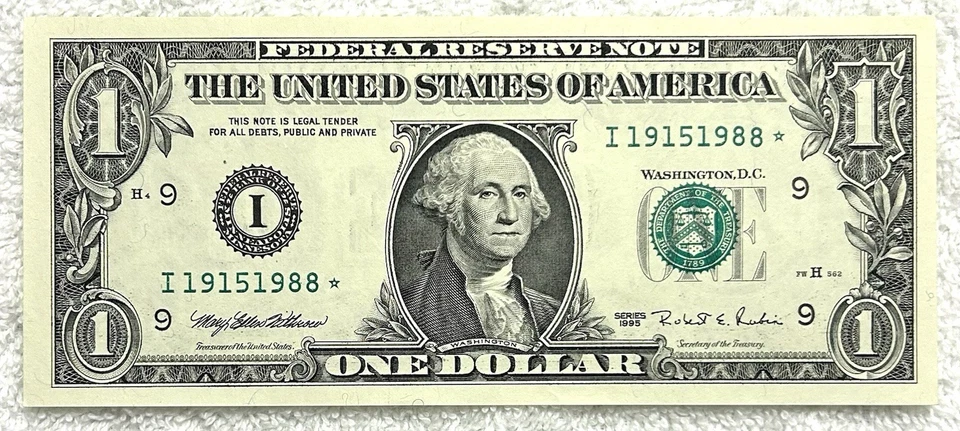 19151988* - Fancy Tombstone Star Note Serial - GEM 1995 $1 Federal Reserve Note - Image 2 of 3