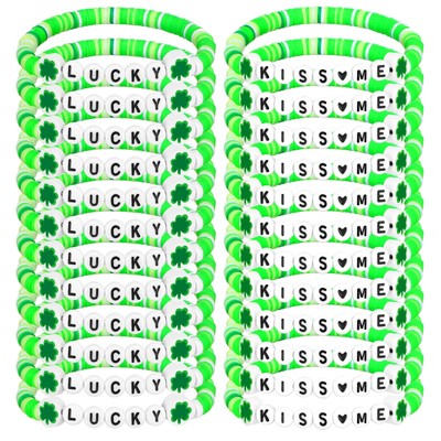 24 Stück St. Patrick's Day Lucky Kiss Me Armbänder Polymer Clay Perlen Stretch BH