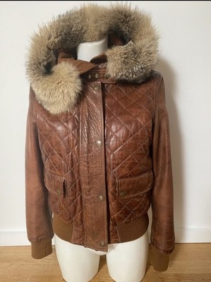 Belstaff Damen Stepp Lederjacke m. Fellkaputze Ocelot Bomber Antique Cuero Gr 46