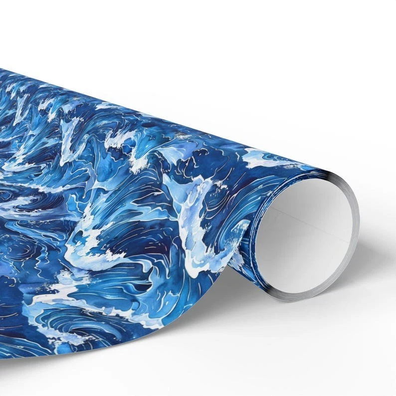 Papel de envolver acuarela azul ondulado, envoltura de regalo tema océano náutico japonés Foto 4 de 4