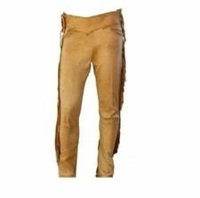 Men Native American Western Soft Buckskin Buffalo Ragged Leather Pants
