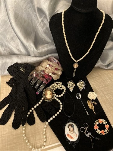 Vintage To Now Victorian Style  Costume Jewelry Some Signed Black Crochet Gloves