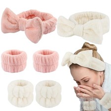 Spa Headband  Wristbands Set Coral Fleece Wash Face Hair Bands Women