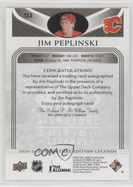 2020 Upper Deck SP Signature Edition Legends Black /10 Jim Peplinski #153 Auto - Image 2 of 2