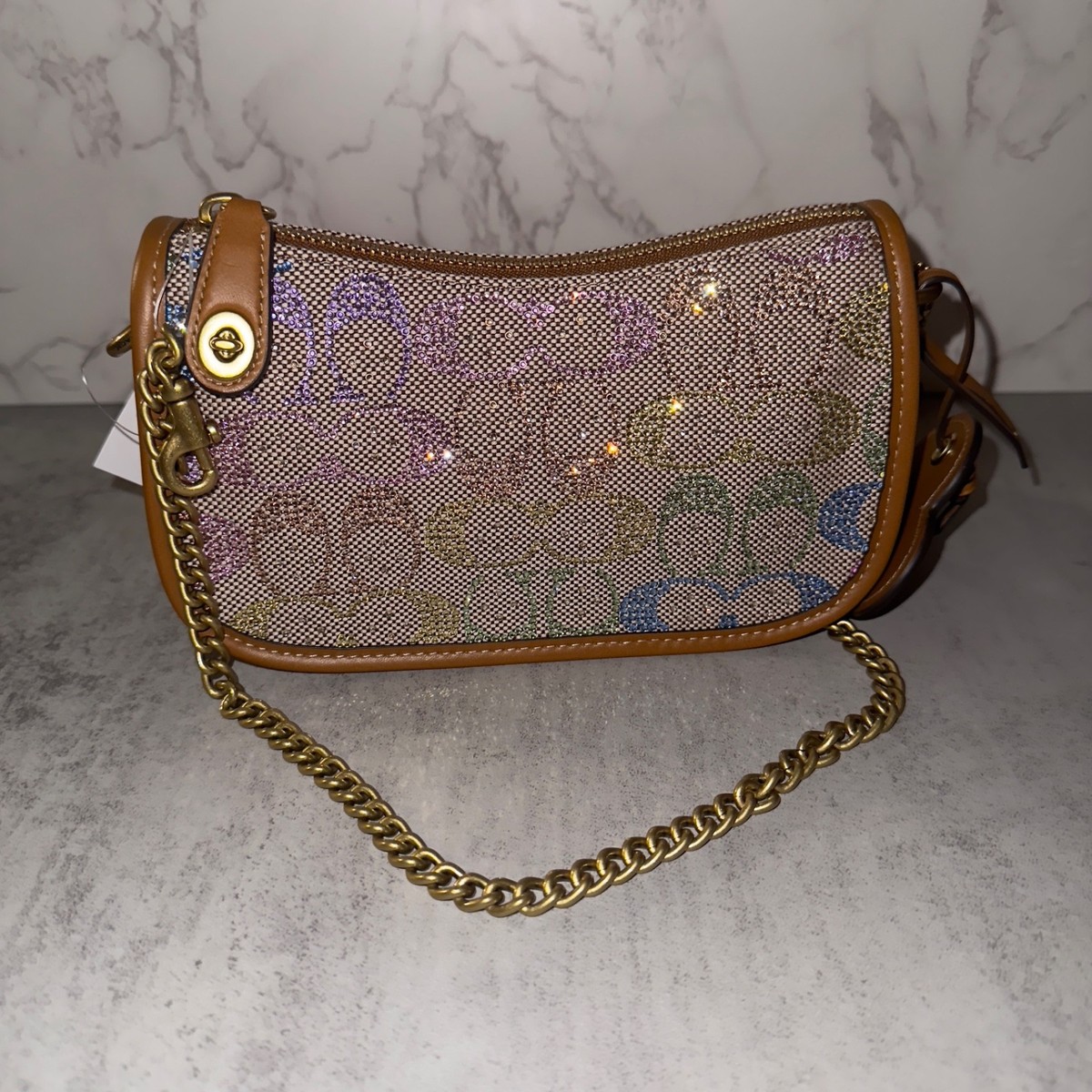 Coach Swinger 20 Bag Black Crystal, Rainbow Crystal Jacquard, Ruby