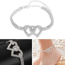 Double Heart Anklet Bracelet Love Barefoot Chain Bling Crystal Ankle Bracelet US