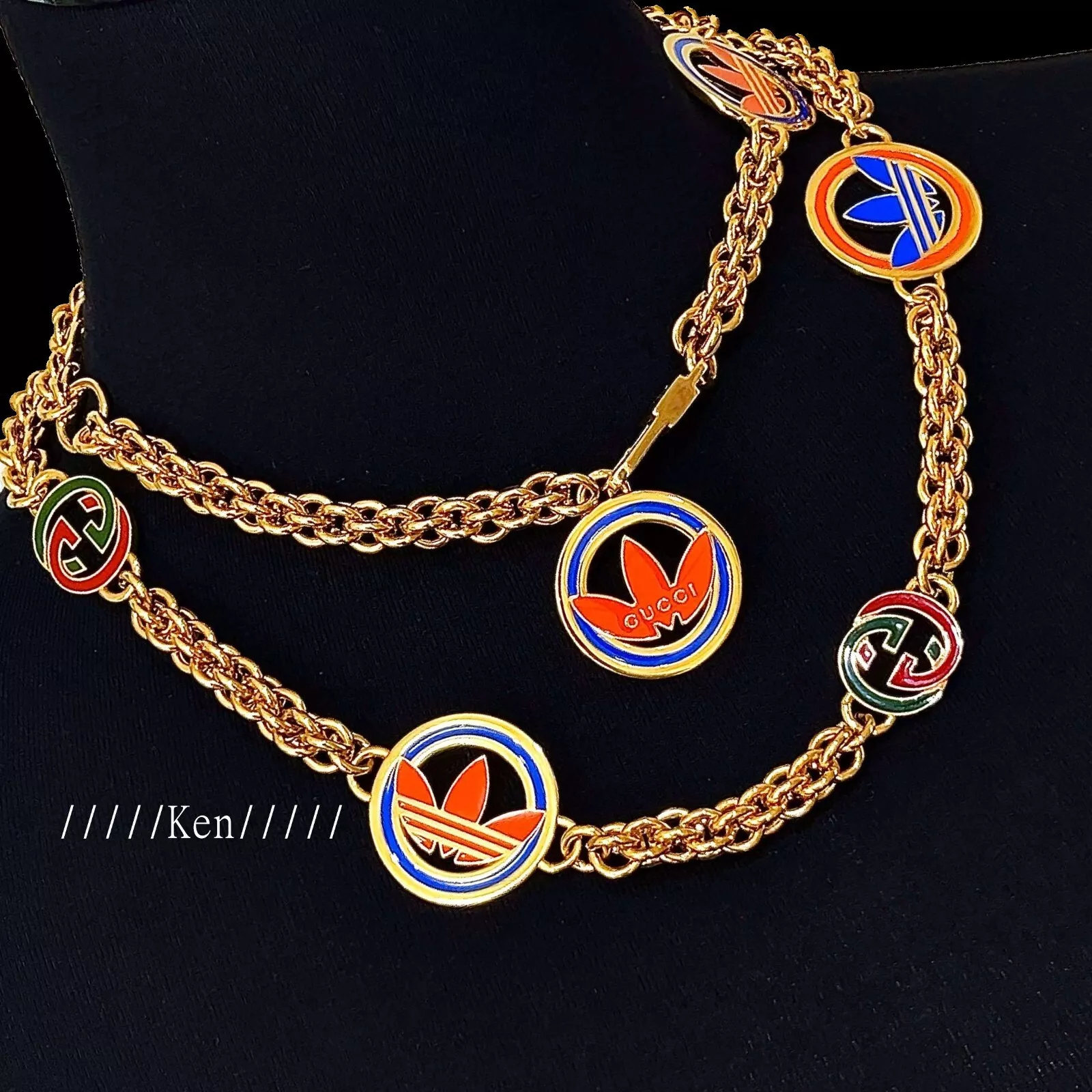 GUCCI Ceinture Collier Chaîne AUTH Ken Logo Marque Vintage Pièce Or Pendentif GG Feuille