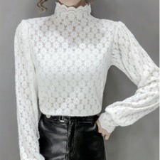Femme Floral Dentelle Haut Chemisier Manches Ballons Col Roulé Rétro Casual Neuf