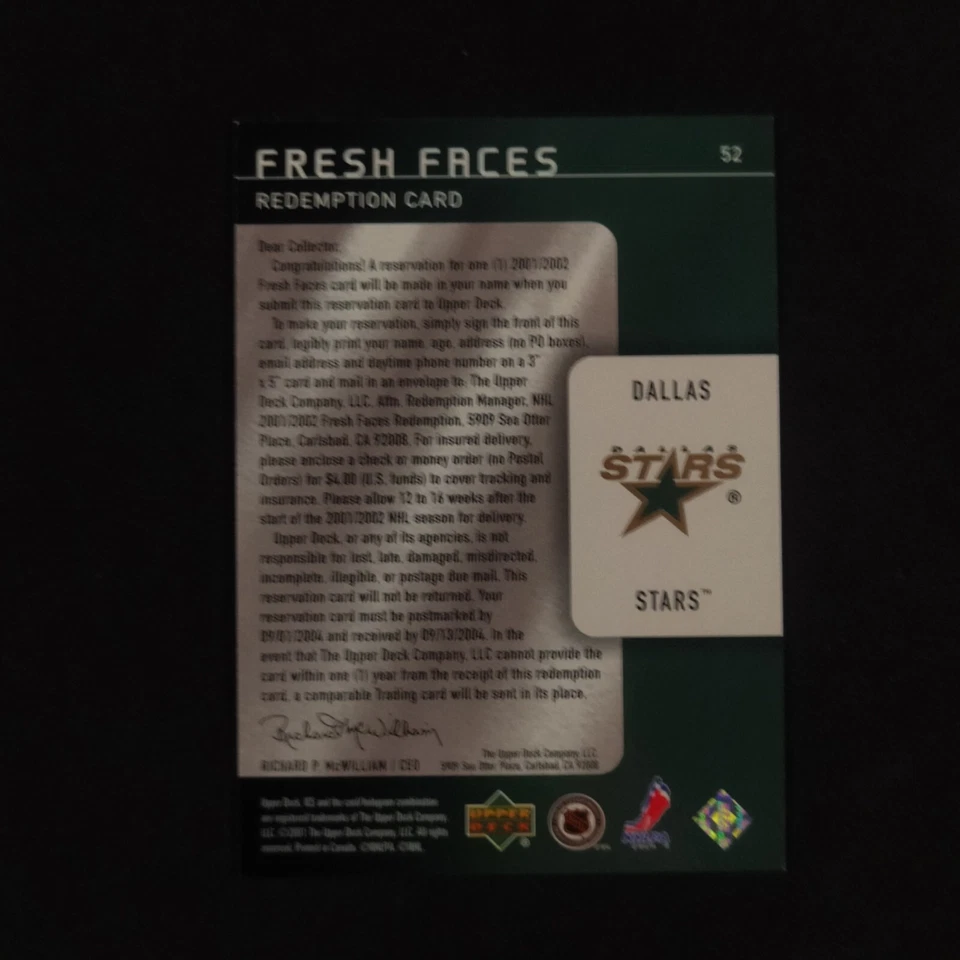 2001-02 Upper Deck Ice Fresh Faces Redemption Card /1500 Dallas Stars #52 - Image 3 of 3