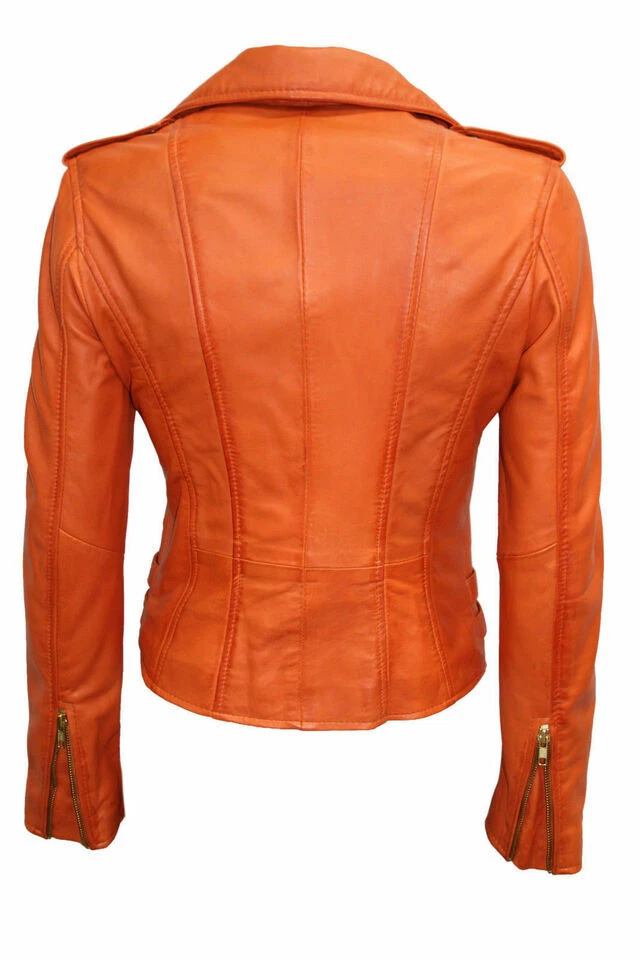 Chaqueta Abrigo Mujer Naranja Piel de Cordero Motociclista Elegante Cuero Real Foto 4 de 4