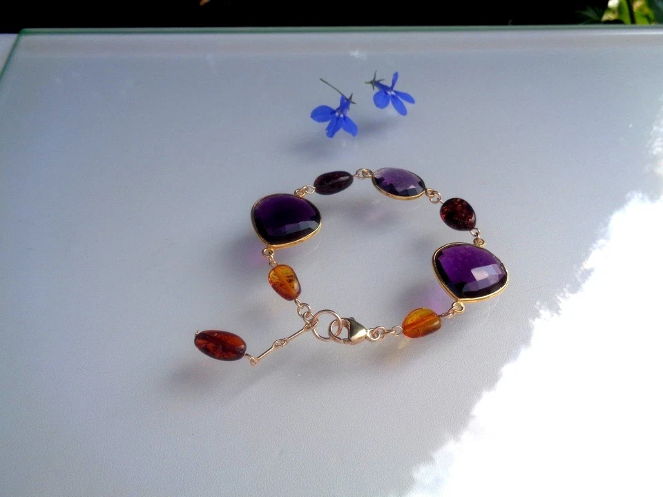 Gold Armband mit Amethyst und Bernstein, Gold Filled - Bild 2 von 2