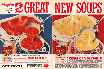 Campbell's Soup Tomato Rice Cream of Vegetable New Flavors Vintage Print Ad 1959