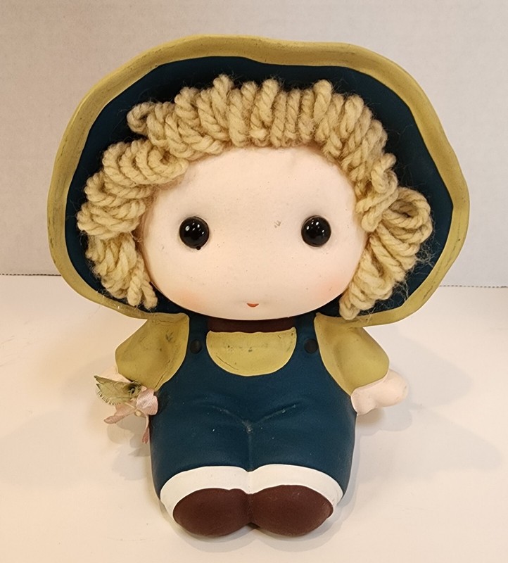 Vintage Lefton Chalkware Boy Doll Piggy Bank Yarn Hair Big Head Blue 5" Japan