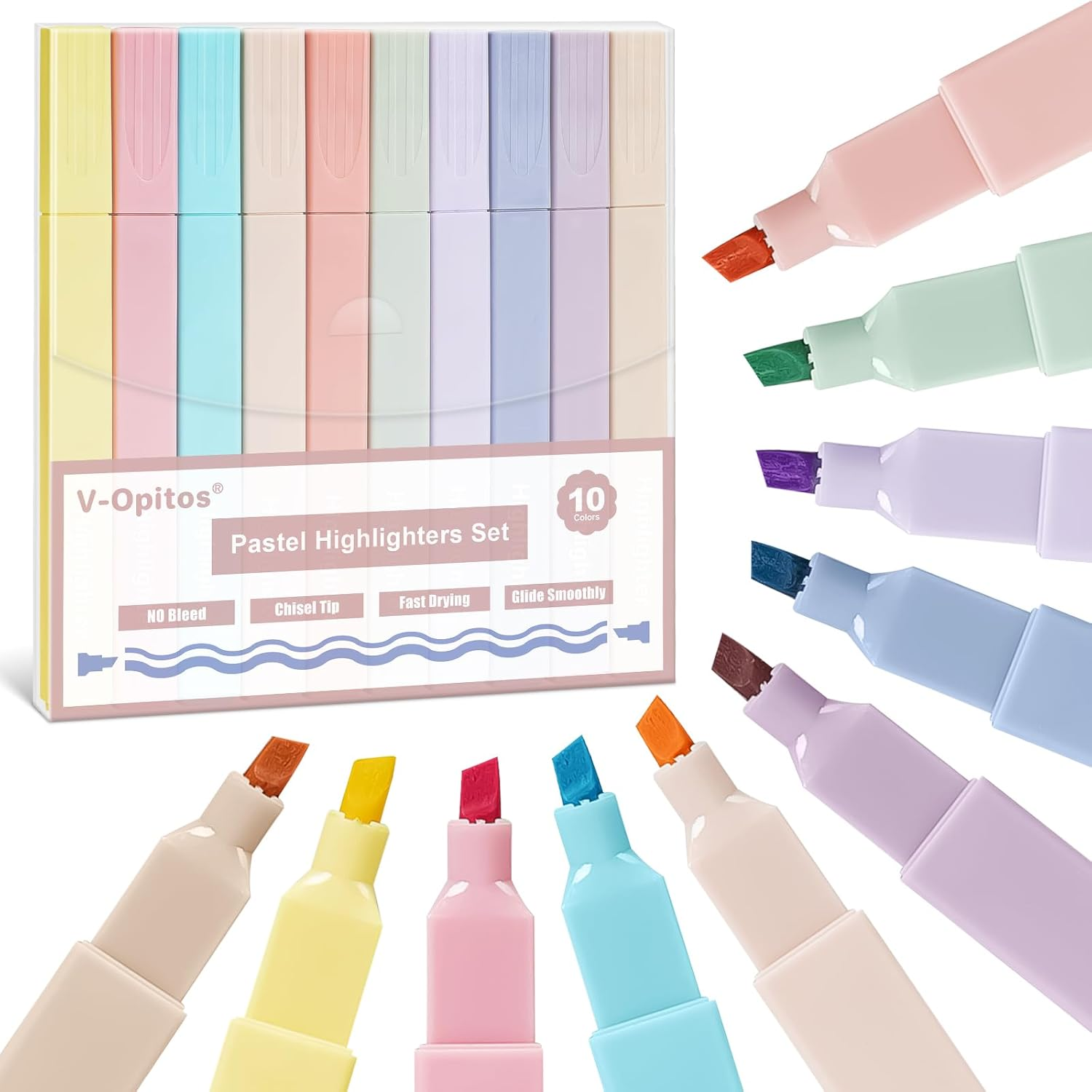 Highlighters Set in 10 Assorted Pastel Colors, No Bleed Bible Highlighters, Soft-image
