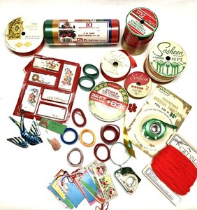 Lot Vintage Christmas Gift Tags Stickers Ribbon Tape