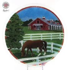 Vtg Peggy Karr KENTUCKY DERBY 11" Round Plate Fused Glass Grazing Horse Stable