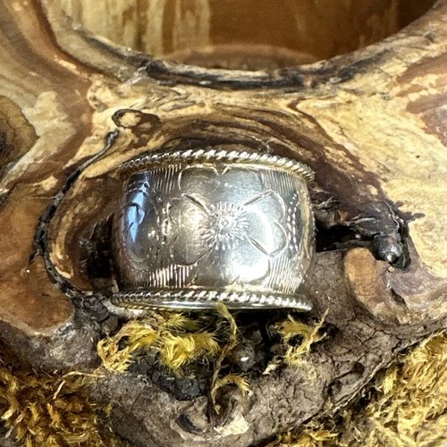 Vintage Western Etched 925 Sterling Silver/Gold Mixed Metal Wide Cigar Band Sz 6