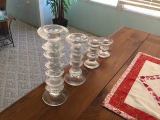 Iittala By Timo Sarpaneva Set Of 4 Candlestick Holders Ringed Pebble Art Glass