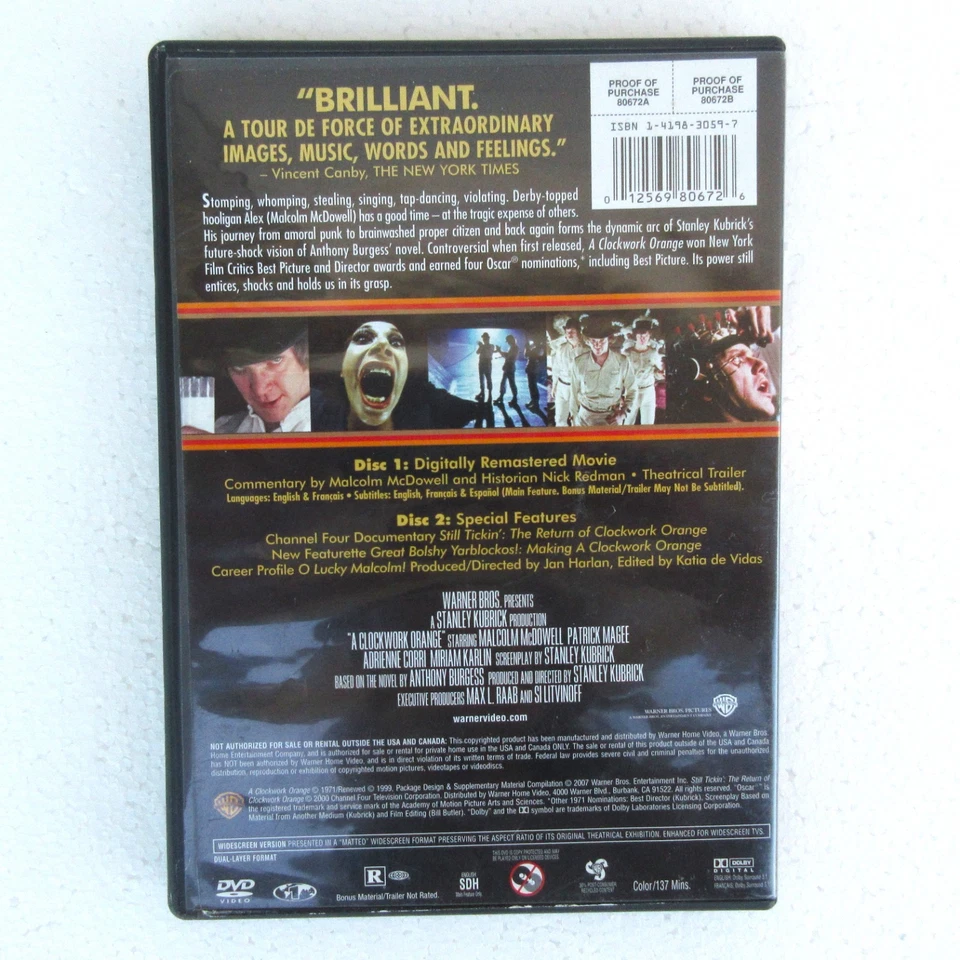 A CLOCKWORK ORANGE 2-Disc DVD Malcolm McDowell Bonus Cult Remastered R 1971 - Image 3 of 4