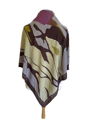 Codello 100% Silk Scarf Abstract Floral Print Brown Purple Green Square #A2