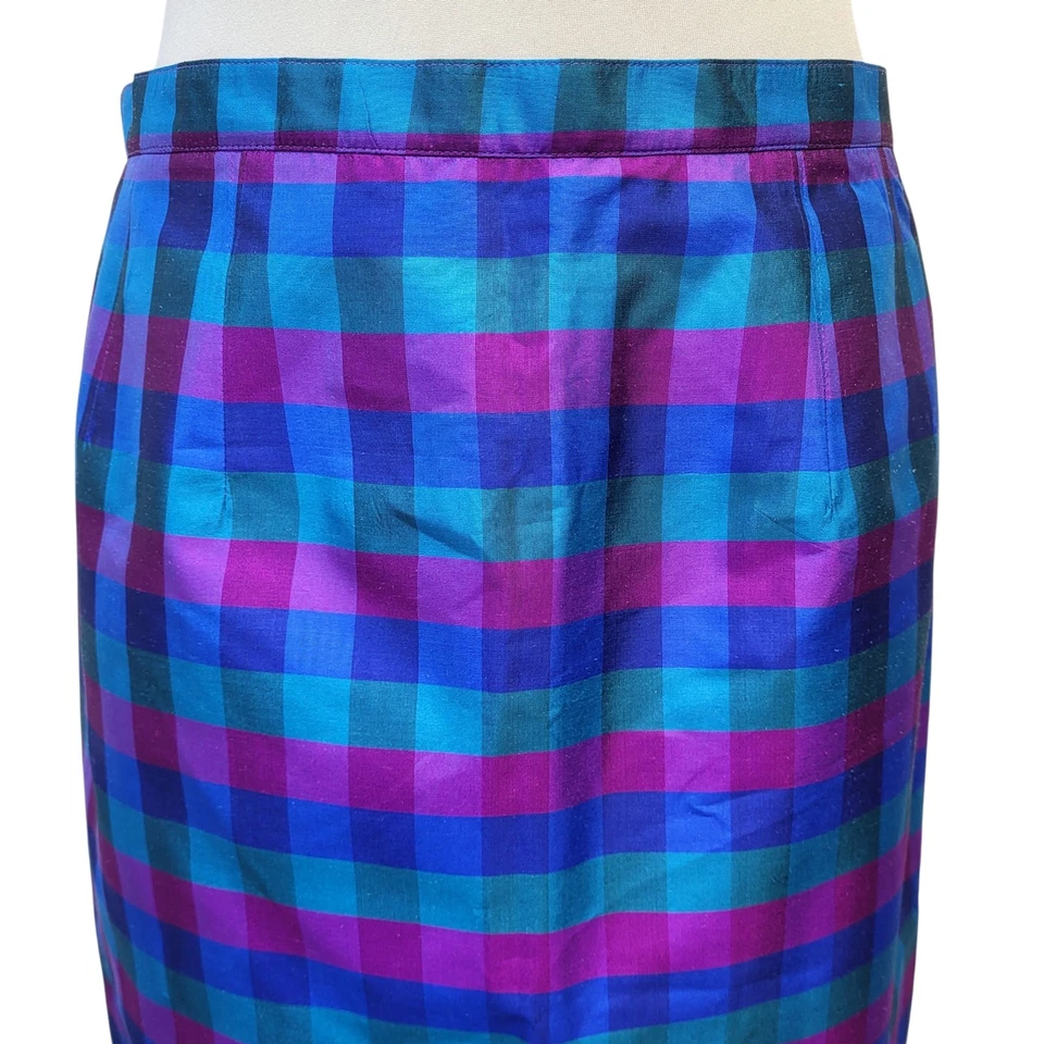 Falda Palid Vintage Años 80 Azul Verde Cuadros Lápiz Satinado Talla 12-14 W32 Foto 3 de 4