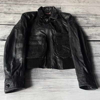 Vintage Black Leather Jacket Cropped Moto Biker Y2K Slim Fit Punk Grunge Rare