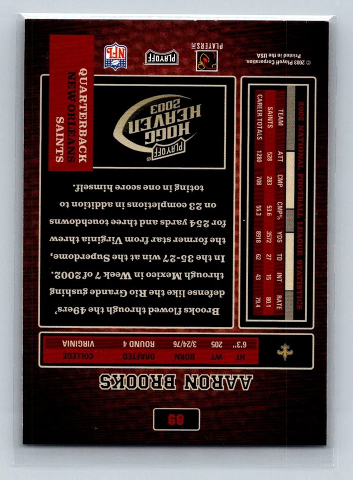 Aaron Brooks 2003 Playoff Hogg Heaven #89 New Orleans Saints - Image 2 of 2