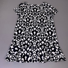 Ann Taylor Dress Women's 14 Navy Blue White Geometric Damask Flounce Hem Shift