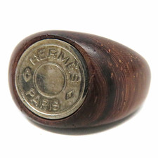 HERMES Sellier Wood Ring Brown/Gold Tone Logo JP11.5 US6