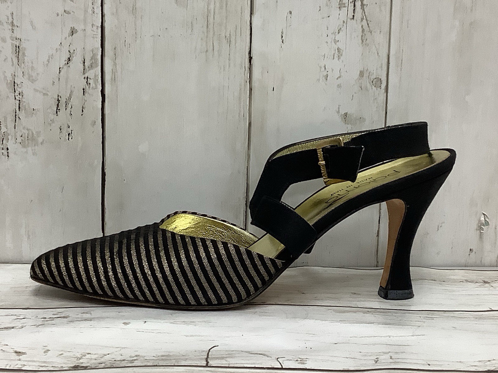 Paloma Black & Gold Striped Slingback Pointed Toe Heels, Size 7.5 B