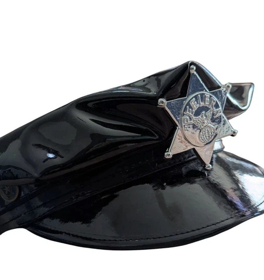 Vinyl Police Officer Hat Cap Costume Dominatrix Peeler Cop Patent Leather Black - Image 3 of 4