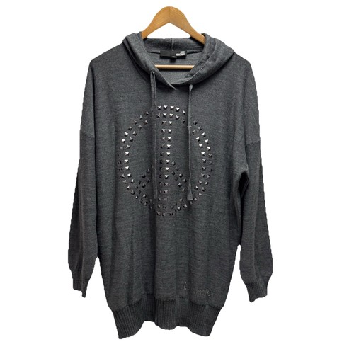 Love Moschino Women's Sz 10 Gray Studded Peace Sign Hooded Pullover Wool Sweater