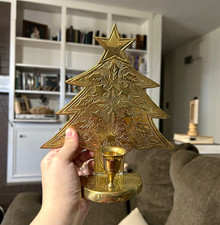 Antique Gold Metal Christmas Tree Candle Holder, Shelf Display Christmas Decor
