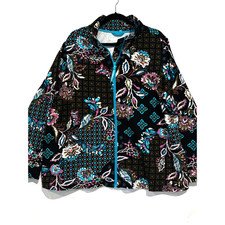 Women's Black Zip Up Sweat Jacket Floral Artsy Print Size 2X Outdoor Active Chic